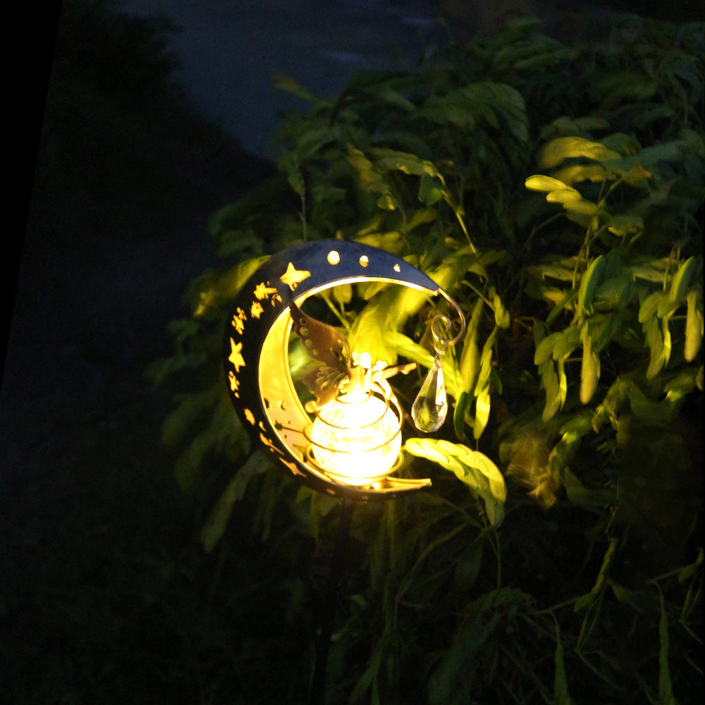 Decorative Crescent Moon Solar Garden Stake Lamp With Hanging Crystal Orb And Butterfly Bowlift