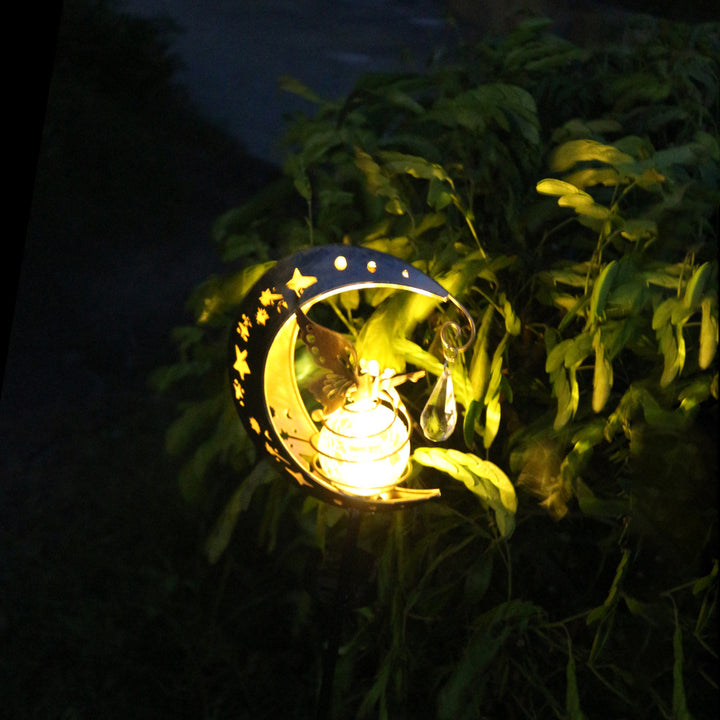 Decorative Crescent Moon Solar Garden Stake Lamp With Hanging Crystal Orb And Butterfly Bowlift