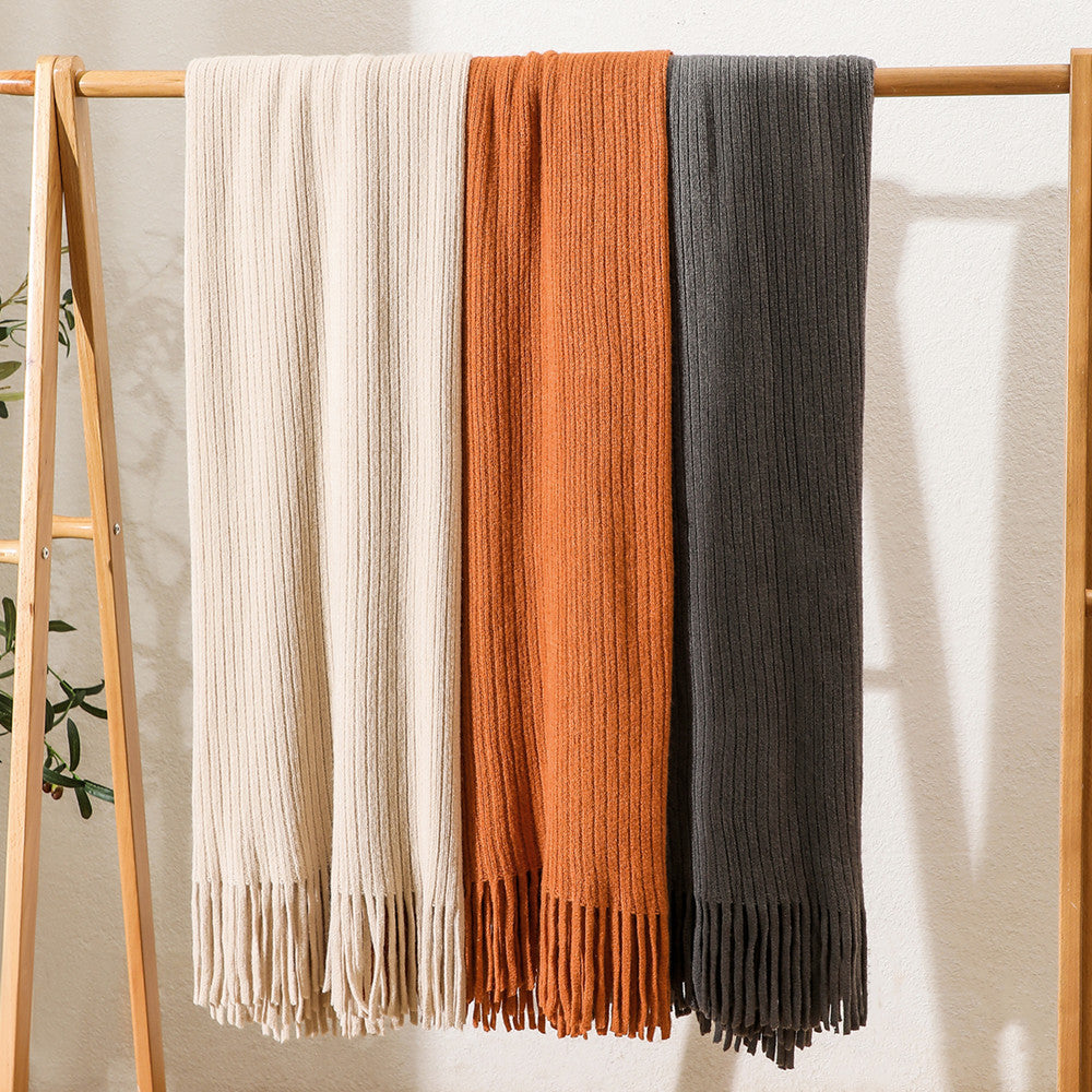 Luxurious Textured Knit Fringe Throw Blanket Bowlift