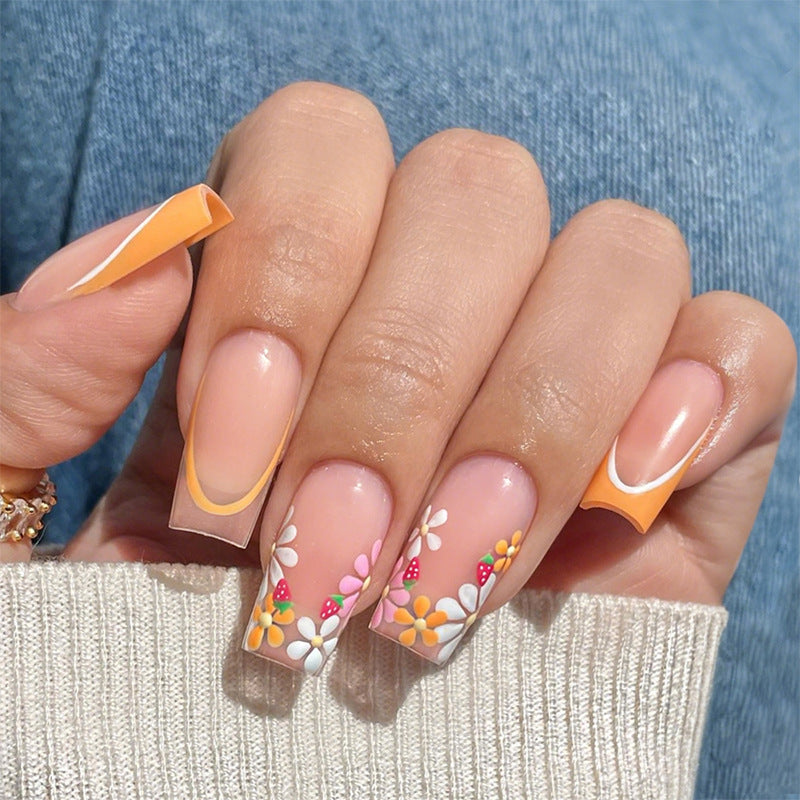 Artificial nail set with colorful flowers and creative French design Bowlift