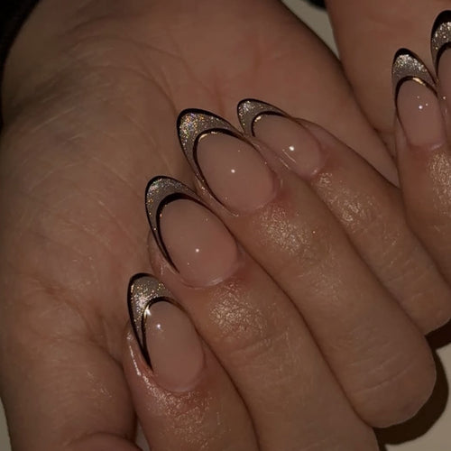 Elegant Gel Nails with Glitter and French Tip Decoration Bowlift