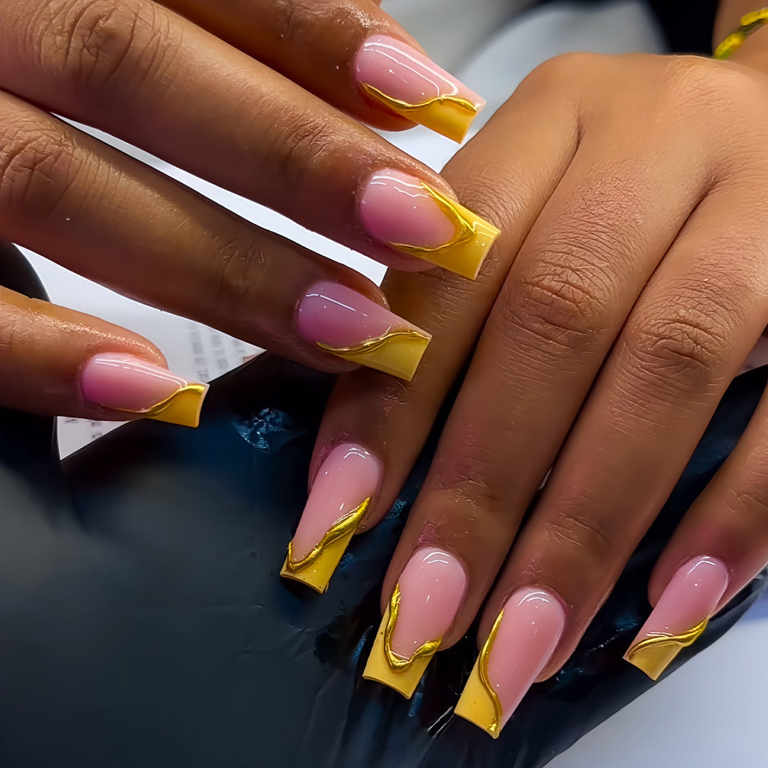 Elegant Acrylic French Tip Press-On Nails with Gold Detailing Bowlift
