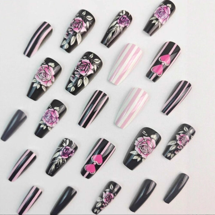 Artificial nail set with romantic rose and heart designs Bowlift