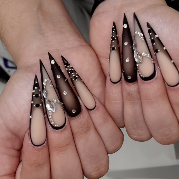 Stiletto Press-On Nail Art Set with Elegant Rhinestone Embellishments Bowlift