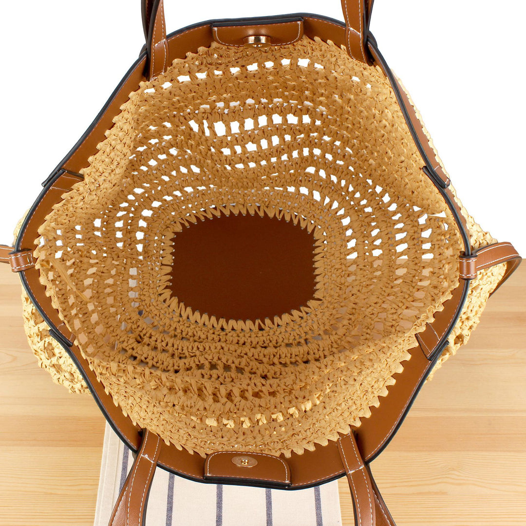 Braided Bast Handbag with Elegant Leather Accents Bowlift