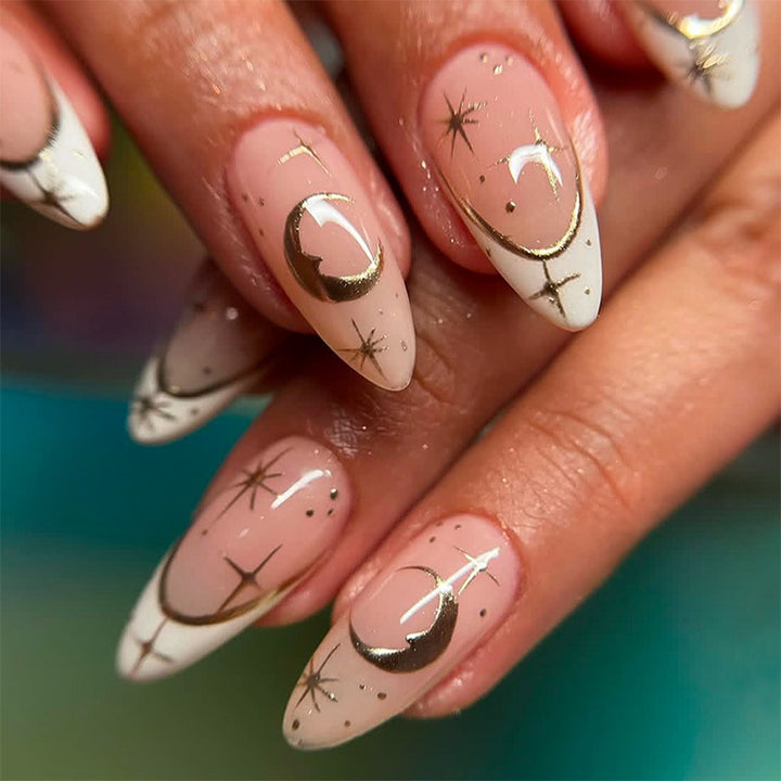 Artistic Press-On Nail Set with Geometric Moon and Star Designs Bowlift