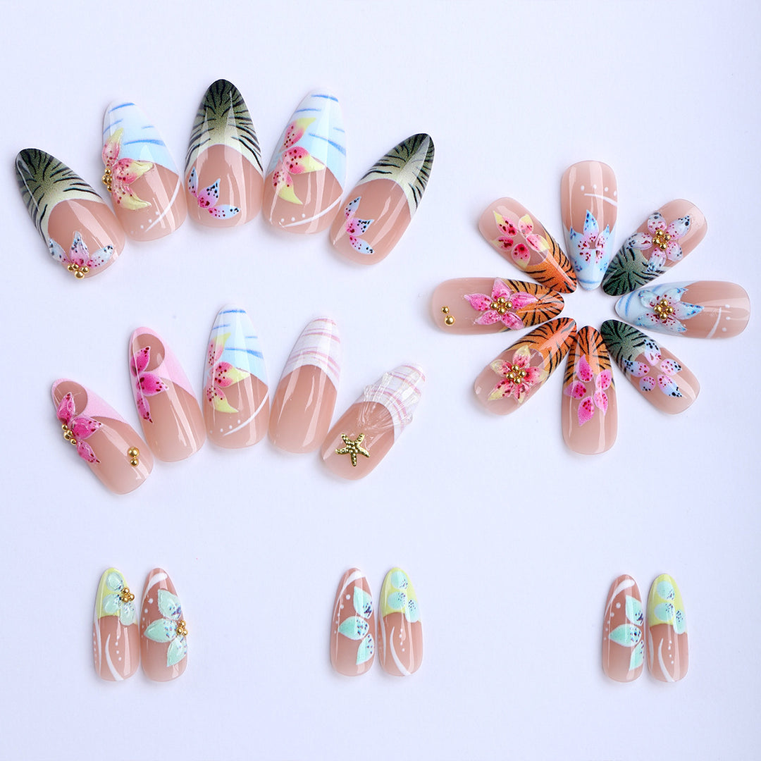 Artificial nails with creative floral and tropical designs Bowlift