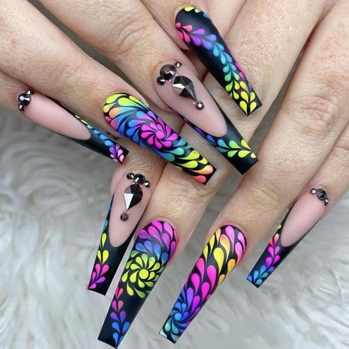 Art nails with colorful floral patterns Bowlift