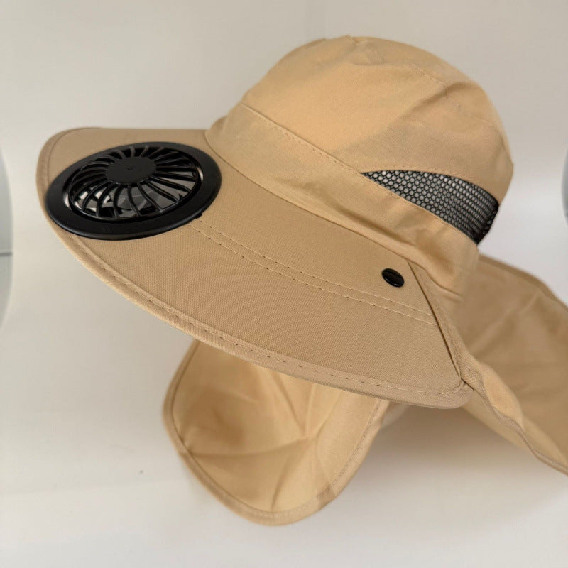Non-ventilated sun hat with removable fan, neck protection, and adjustable chin strap Bowlift