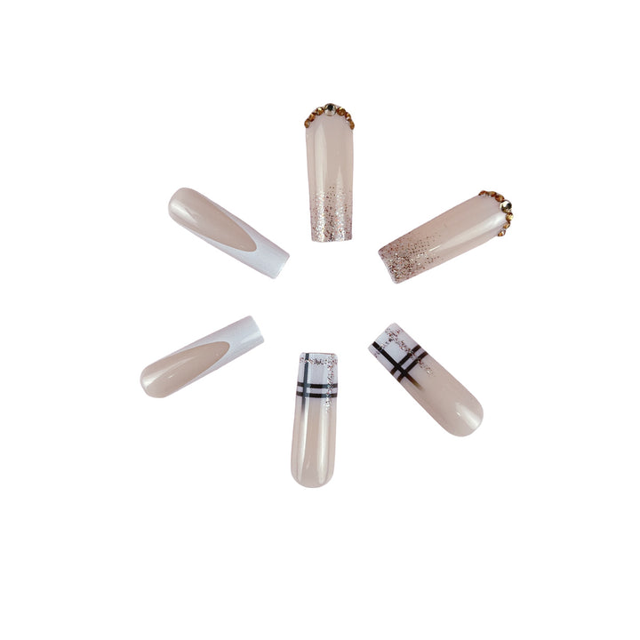 Decorative Long Coffin Nail Extensions with Glitter Accents Bowlift