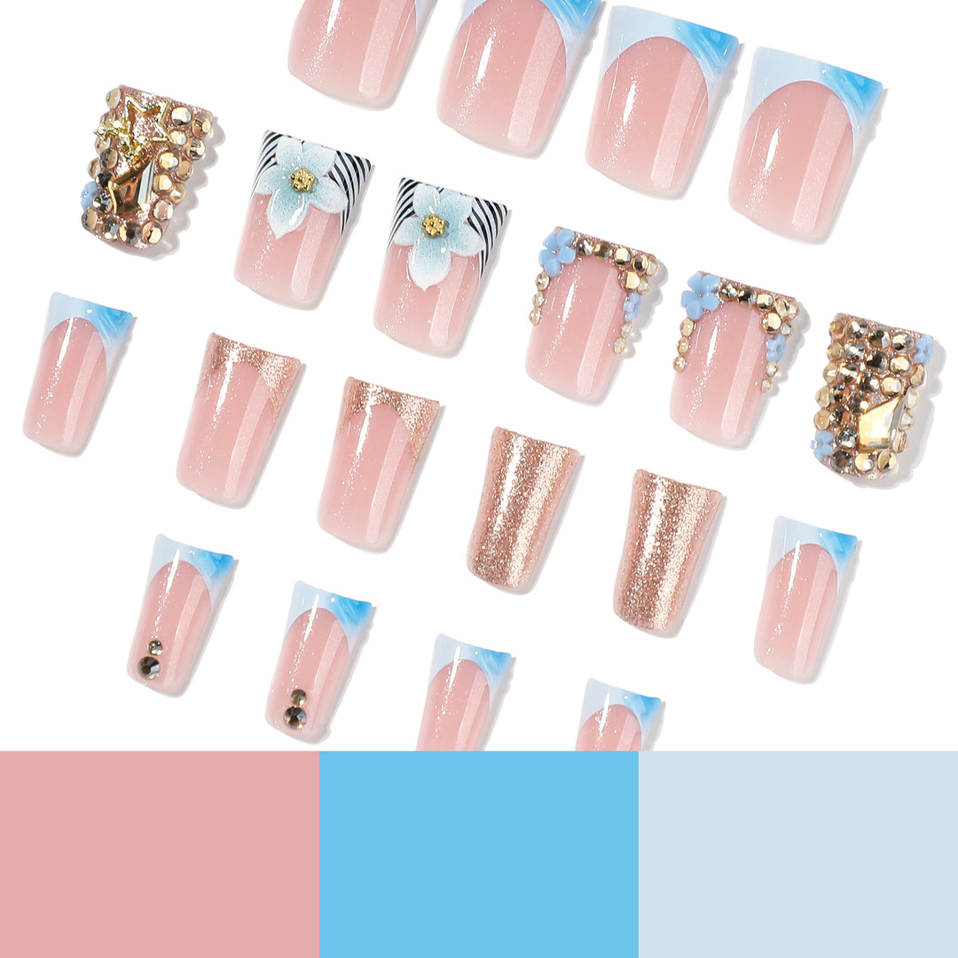 Artful Nail Extensions with Floral Design and Glitter Bowlift