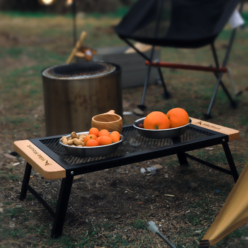 Portable Folding Camping Mesh Grill Table with Wooden End Panels Bowlift