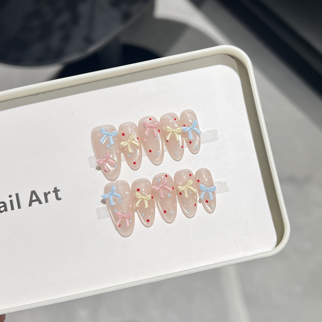 Decorative Press-On Nail Set with Charming Bow and Dots Bowlift
