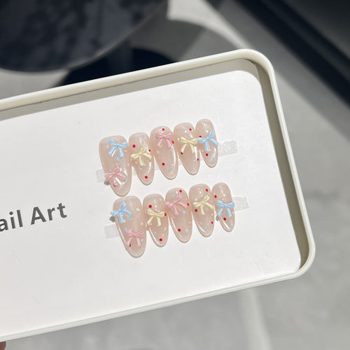Decorative Press-On Nail Set with Charming Bow and Dots Bowlift