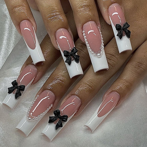 Elegant Press-On Nail Art Set with Pearl and Bow Accents Bowlift