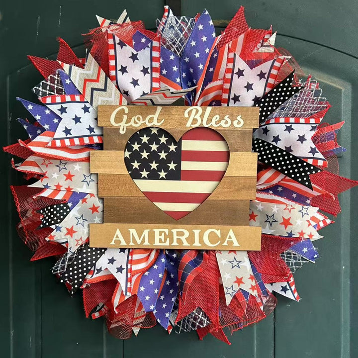 Unisex nan Patriotic Americana Decorative Front Door Wreath with Burlap Mesh Ribbon and Wooden Heart Plaque Bowlift