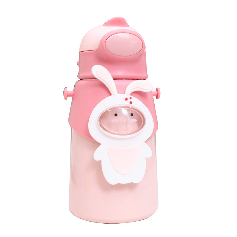 Women's water bottle with friendly animal design and carrying strap Bowlift