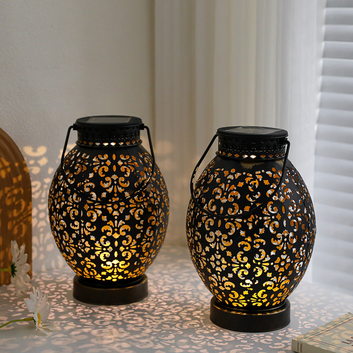 Moroccan-Style Cutwork Metal Candle Lantern with Hanging Handle Bowlift
