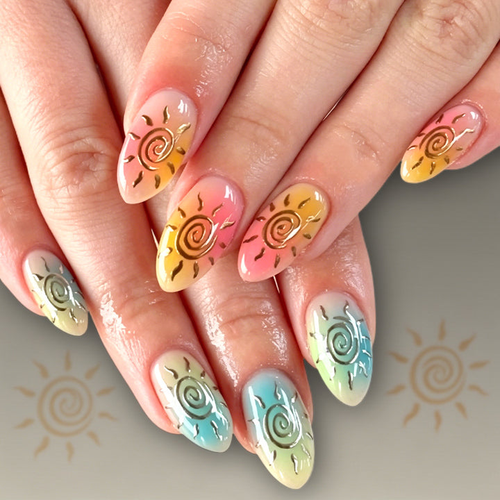 Artistic Press-On Nail Set Featuring Sun Designs Bowlift