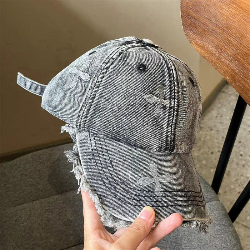 Women's Distressed Denim Fringe Baseball Cap Bowlift