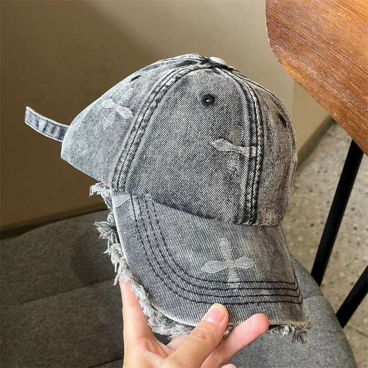 Women's Distressed Denim Fringe Baseball Cap Bowlift