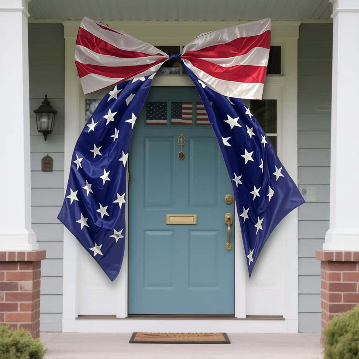 Unisex nan extra large decorative bow with long flag tail, integrated hanging loop, and weatherproof polyester Bowlift