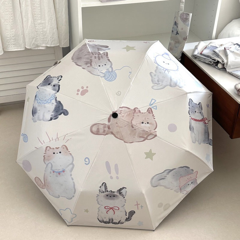 Women's Foldable Umbrella with Charming Cat Pattern Bowlift