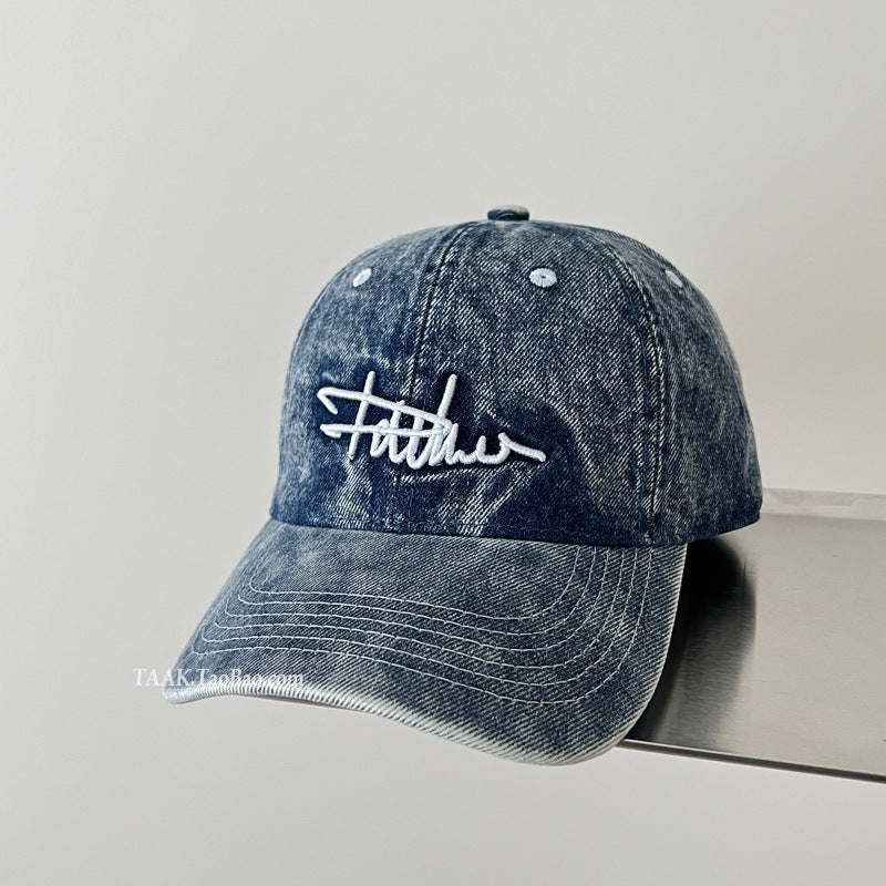 Women's Distressed Denim Embroidered Baseball Cap Bowlift
