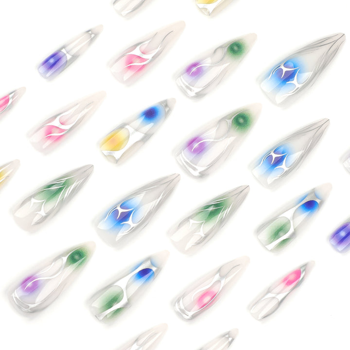 Artful stiletto nails with transparent design and colorful accents Bowlift