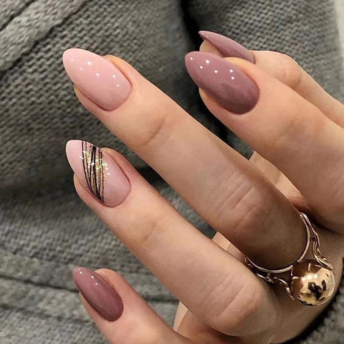 Elegant Long Almond-Shaped Press-On Nails with Gold Accents Bowlift