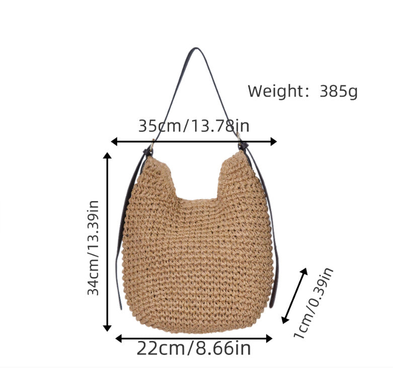 Trendy Shoulder Bag with Natural Weave and Leather Accents Bowlift