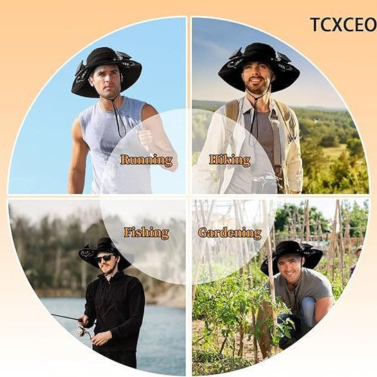 Sun Hat with Wide Brim for Outdoor Use, with Integrated Solar Cells and Adjustable Chin Strap Bowlift