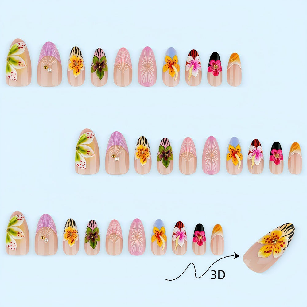 Artificial nails with floral design and 3D applications Bowlift