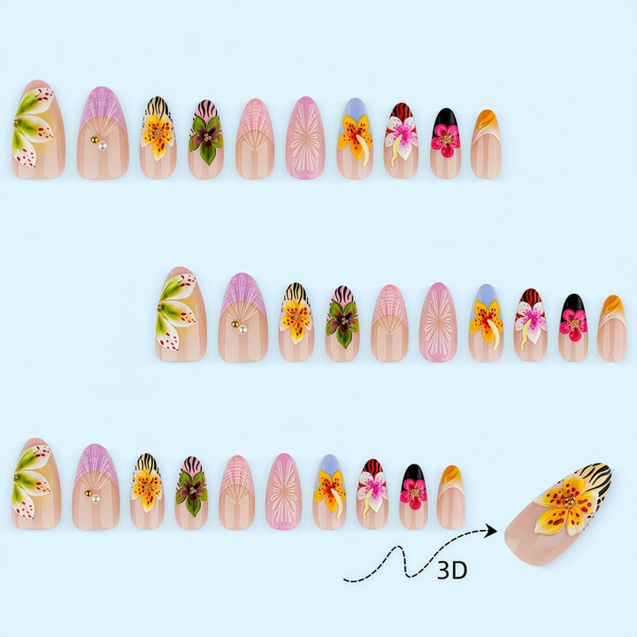 Artificial nails with floral design and 3D applications Bowlift