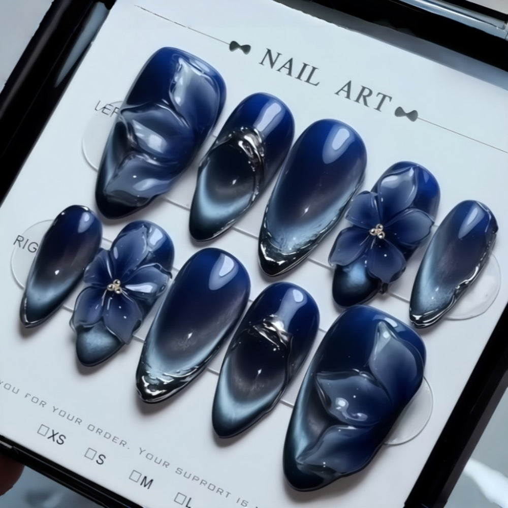 Acrylic Nail Set with Elegant Blue Ombre and Floral Design Bowlift