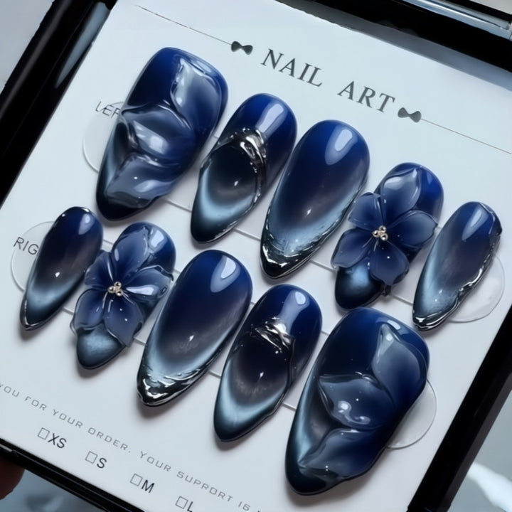 Acrylic Nail Set with Elegant Blue Ombre and Floral Design Bowlift