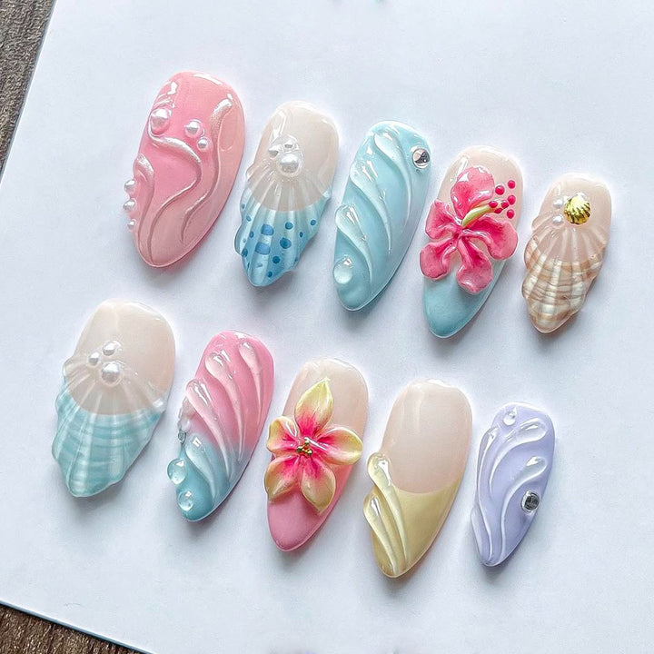 Decorative 3D Floral and Shell Press-On Nail Art Bowlift