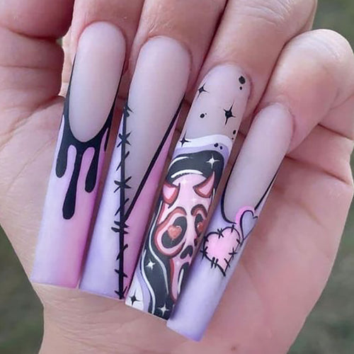Artistic Stiletto Press-On Nails with Unique Graphic Design Bowlift