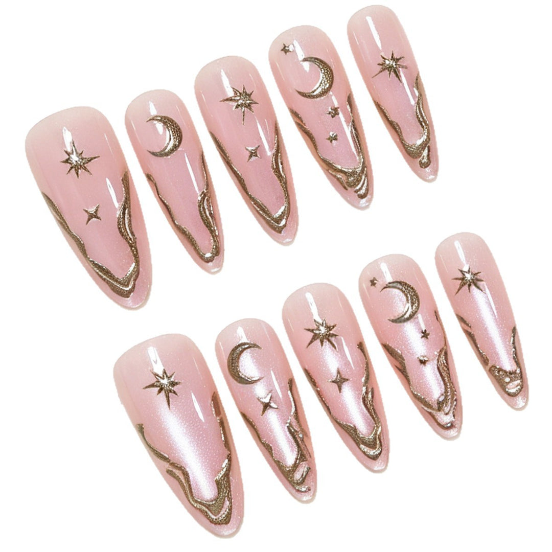 Artistic Stiletto Nail Art Tips with Celestial Accents Bowlift