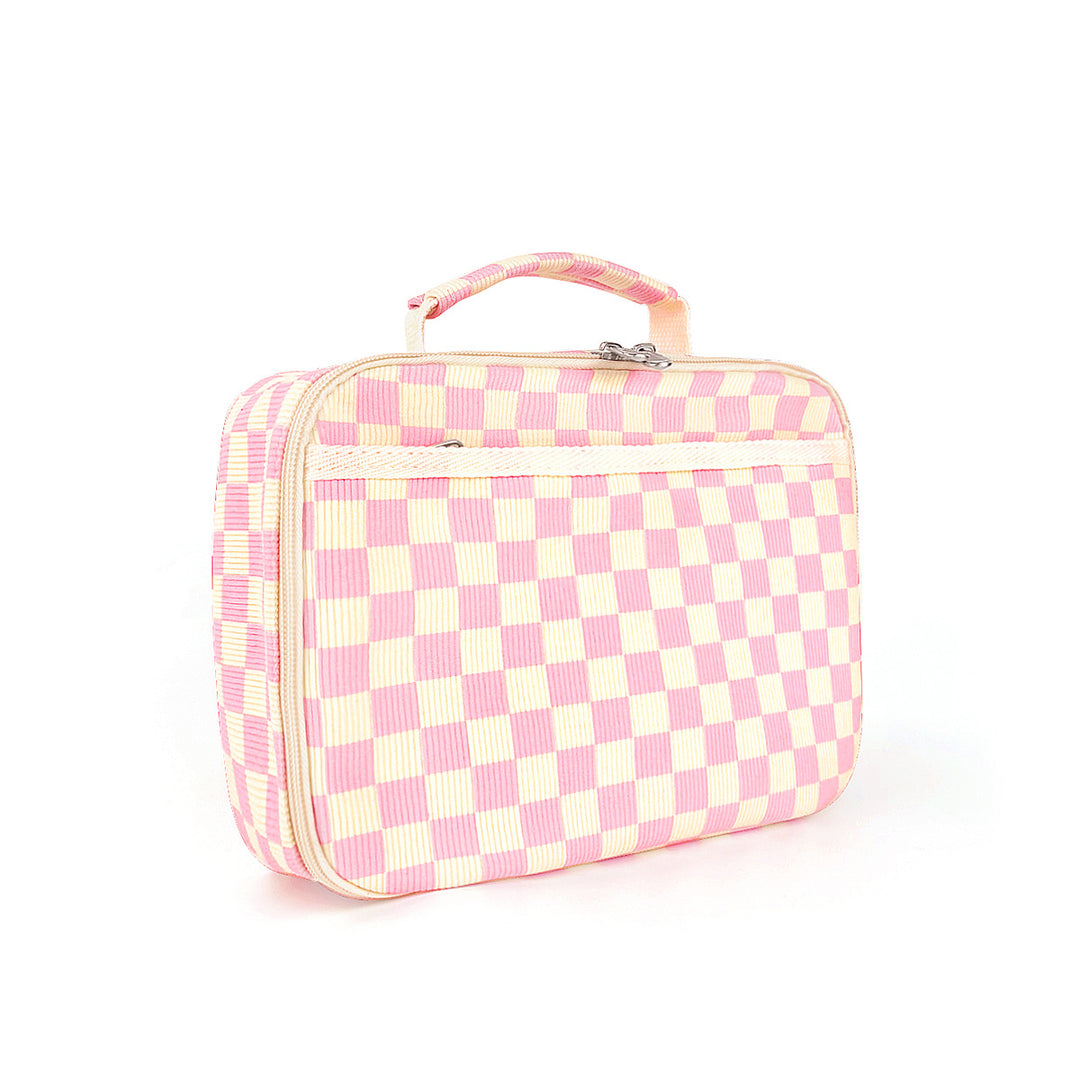 Insulated Checkerboard Lunch Tote with Top Handle and Front Zip Pocket Bowlift
