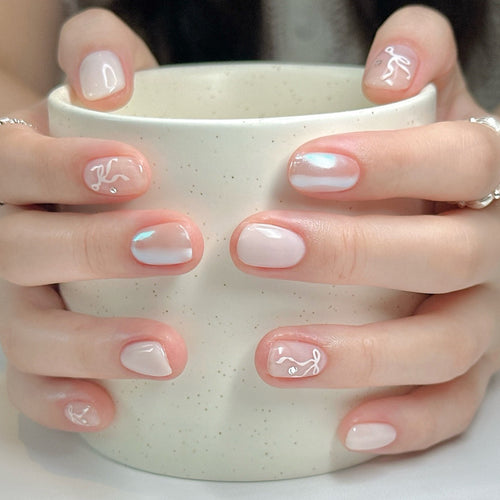 Elegant Press-On Nail Set with Artistic Line Art Designs Bowlift