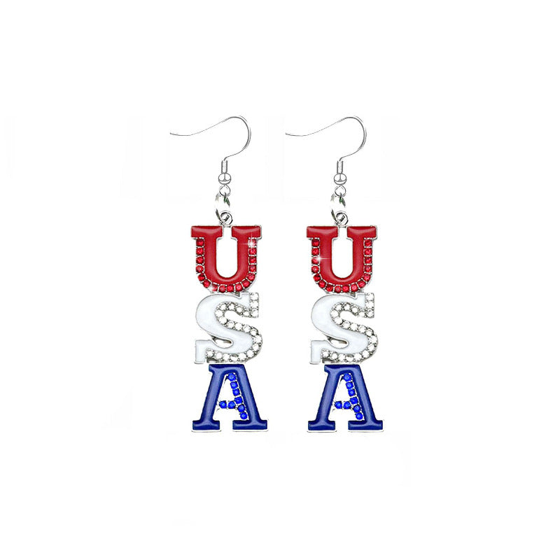 Women's nan patriotic enamel angel wing dangle earrings with stars and stripes motif and layered feather detail Bowlift