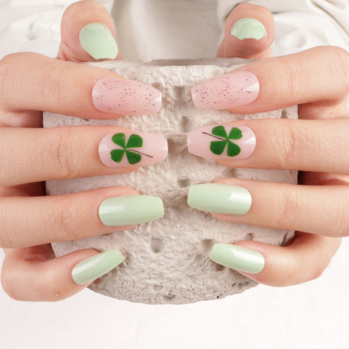 Decorative Press-On Nail Art Set with Clover Design Bowlift