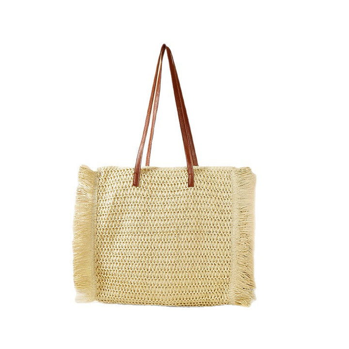 Large Woven Beach Bag with Fringes and Leather Handles Bowlift