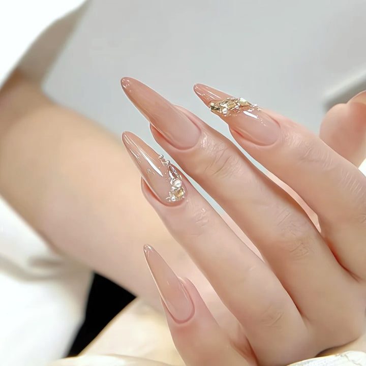 Elegant Stiletto Press-On Nail Set with Gemstone Accents Bowlift