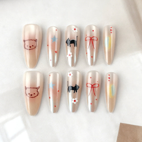 Whimsical Cat-Themed Press-On Nails Bowlift