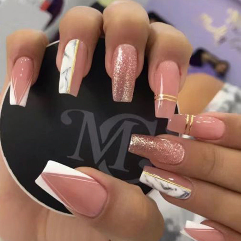 Exquisite artificial nails with elegant glitter and marble pattern Bowlift