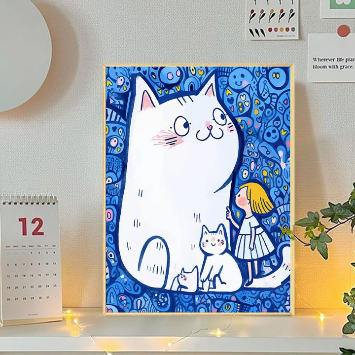 Playful Cat and Girl Illustration Canvas Art Bowlift