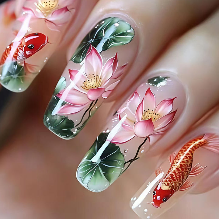 Artistic Water Lily and Koi Fish Nail Art Bowlift