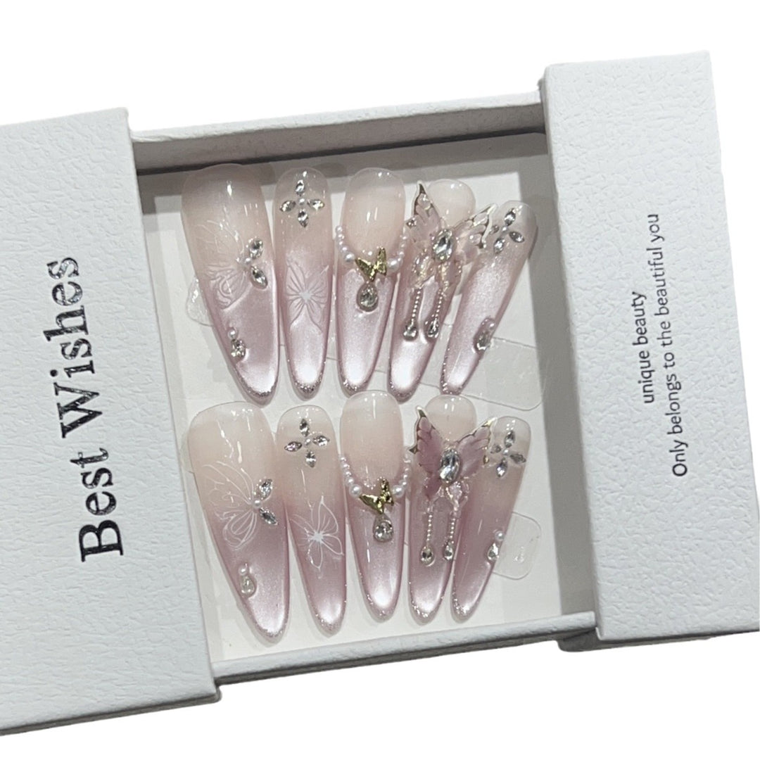 Artistic Stiletto Press-On Nail Design Set with Butterfly and Gemstone Accents Bowlift